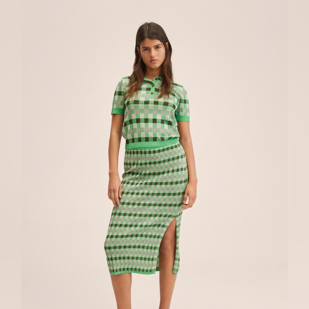 Fine Knit Plaid Polo and Skirt Set